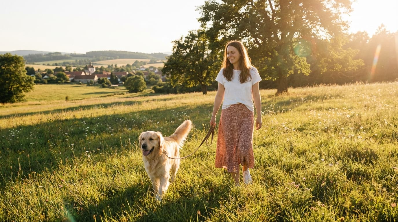 Žena s retrieverem na volném vodítku — pohodová procházka